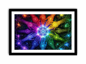 Colorful hands and sacred geometry canvas art for creative office or living room decor.