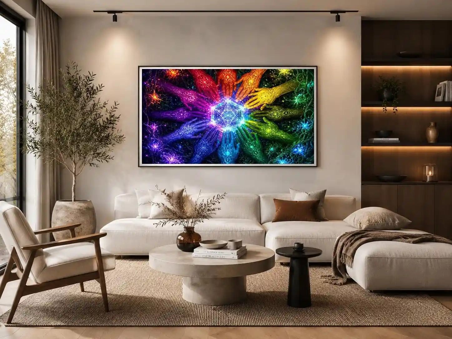 Colorful hands and sacred geometry canvas art for creative office or living room decor.