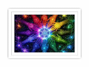 Colorful hands and sacred geometry canvas art for creative office or living room decor.
