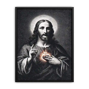 Sacred Heart Jesus portrait in classic black and white style for spiritual living room decor
