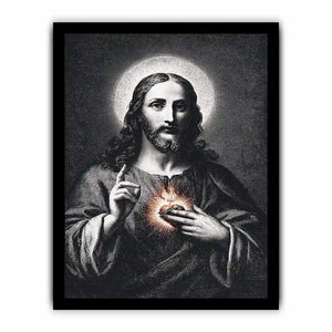 Sacred Heart Jesus portrait in classic black and white style for spiritual living room decor