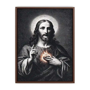 Sacred Heart Jesus portrait in classic black and white style for spiritual living room decor