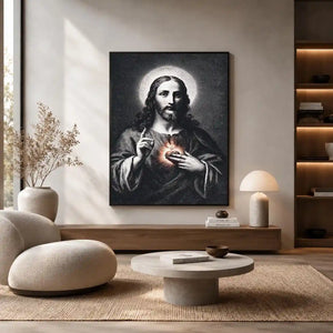 Sacred Heart Jesus portrait in classic black and white style for spiritual living room decor