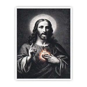 Sacred Heart Jesus portrait in classic black and white style for spiritual living room decor