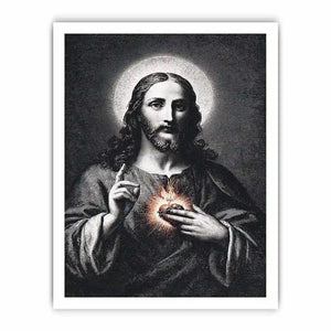 Sacred Heart Jesus portrait in classic black and white style for spiritual living room decor