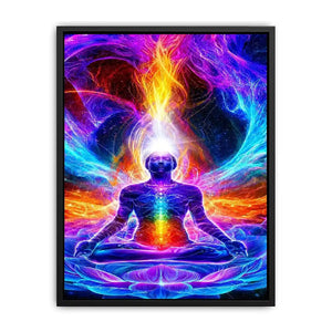 Neon cosmic meditation canvas art with chakra lotus energy for spiritual room decor.