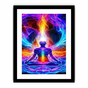 Neon cosmic meditation canvas art with chakra lotus energy for spiritual room decor.