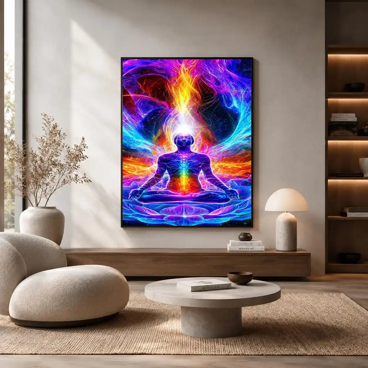 Neon cosmic meditation canvas art with chakra lotus energy for spiritual room decor.