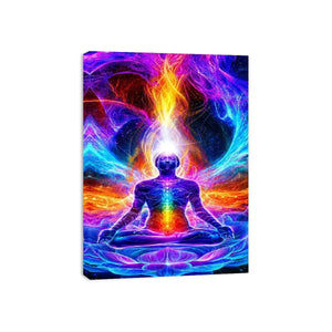 Neon cosmic meditation canvas art with chakra lotus energy for spiritual room decor.