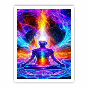 Neon cosmic meditation canvas art with chakra lotus energy for spiritual room decor.