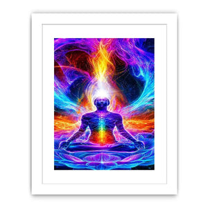Neon cosmic meditation canvas art with chakra lotus energy for spiritual room decor.