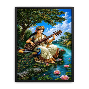 Saraswati goddess music canvas art for serene cultural home decor.