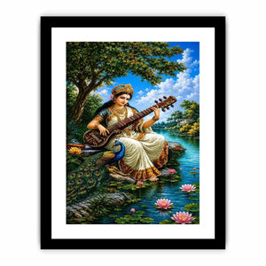 Saraswati goddess music canvas art for serene cultural home decor.