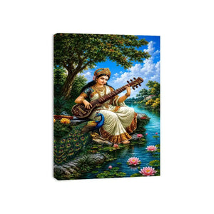 Saraswati goddess music canvas art for serene cultural home decor.