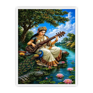 Saraswati goddess music canvas art for serene cultural home decor.