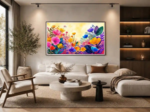 Colorful botanical flower canvas print for bright living room decor.