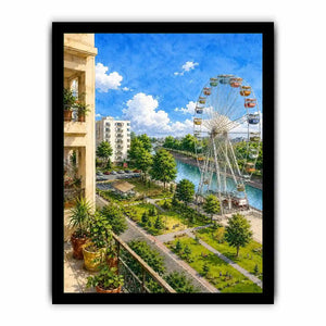 Watercolor riverside city canvas print for airy modern apartment decor.