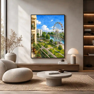 Watercolor riverside city canvas print for airy modern apartment decor.