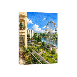 Watercolor riverside city canvas print for airy modern apartment decor.