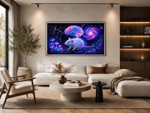 Surreal cosmic mouse canvas art for creative office and study decor.