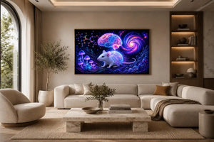 Surreal cosmic mouse canvas art for creative office and study decor.