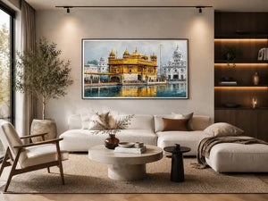Golden Temple canvas art with serene reflection for spiritual home decor.