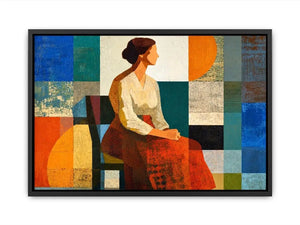 Mid-century geometric woman canvas print for modern living room decor.
