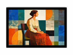 Mid-century geometric woman canvas print for modern living room decor.