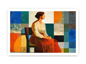 Mid-century geometric woman canvas print for modern living room decor.