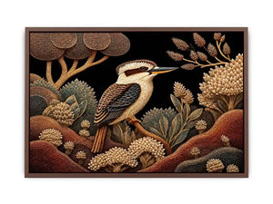 Kookaburra bird canvas print with native botanicals for refined home decor.