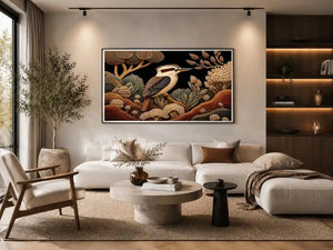 Kookaburra bird canvas print with native botanicals for refined home decor.
