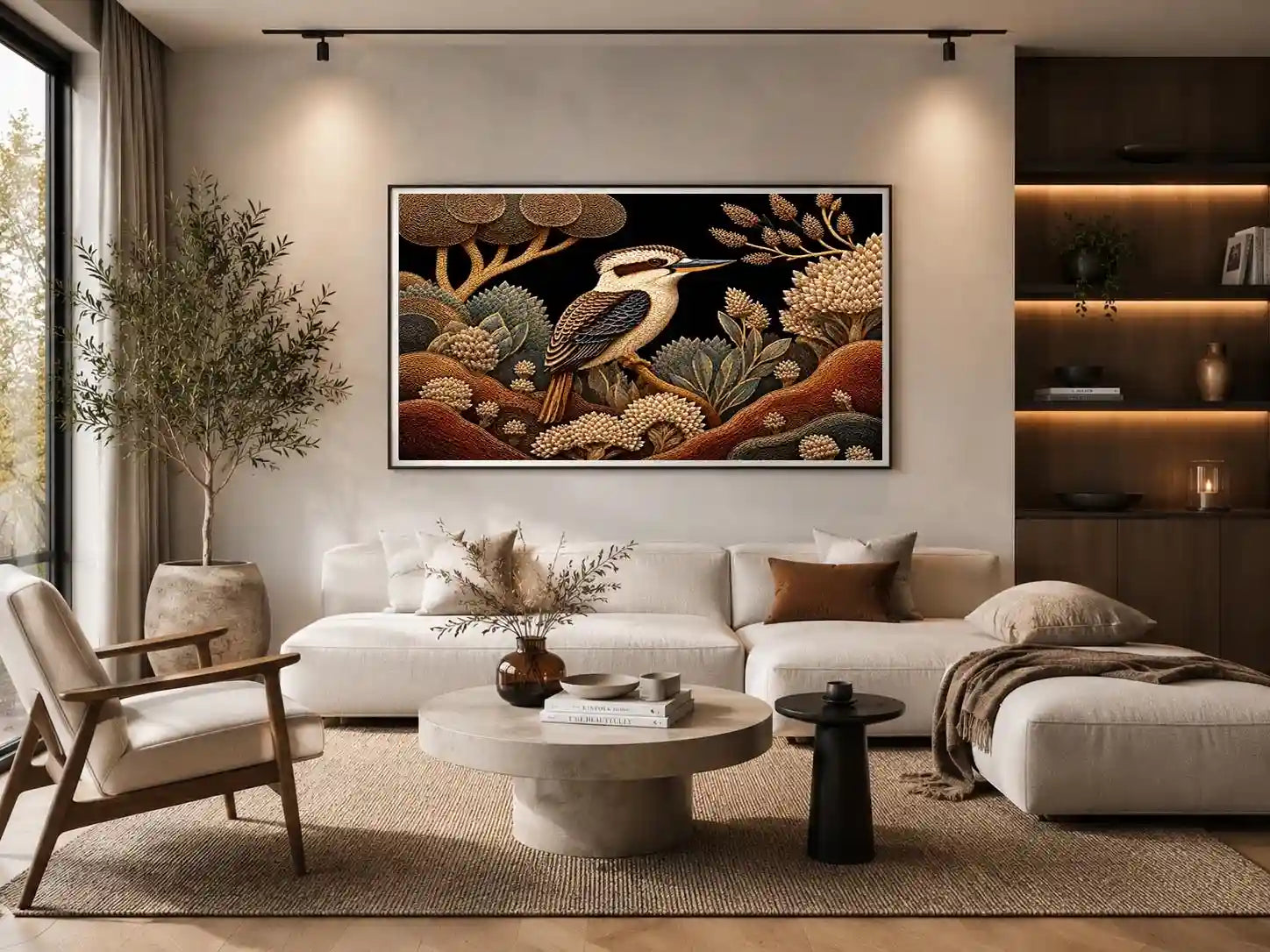 Kookaburra bird canvas print with native botanicals for refined home decor.