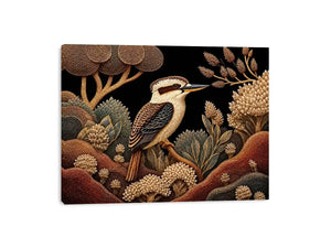 Kookaburra bird canvas print with native botanicals for refined home decor.
