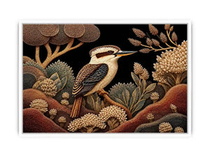Kookaburra bird canvas print with native botanicals for refined home decor.
