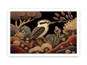 Kookaburra bird canvas print with native botanicals for refined home decor.