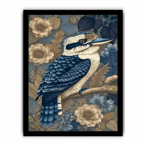 Blue kookaburra canvas print with botanical detail for elegant room decor.