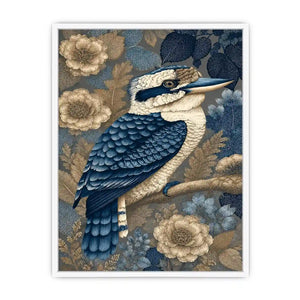 Blue kookaburra canvas print with botanical detail for elegant room decor.