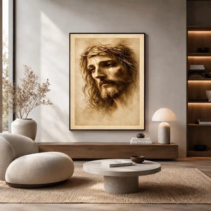 Sepia Jesus portrait canvas art for peaceful spiritual home decor.