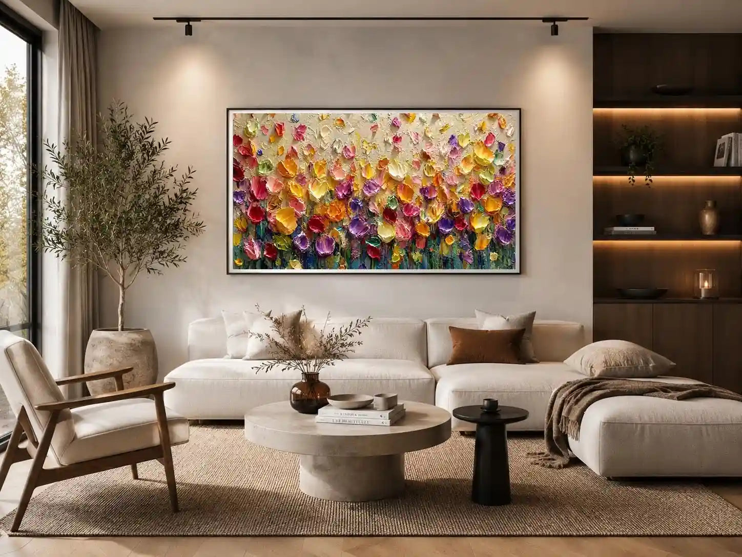 Colorful impasto floral canvas art for modern living room decor.