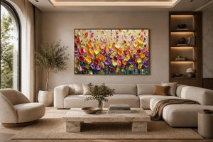 Colorful impasto floral canvas art for modern living room decor.