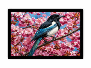 Blue bird among pink blossoms canvas print for elegant bedroom decor.