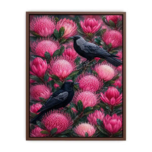 Australian bird and pink native floral canvas wall art for living room decor.