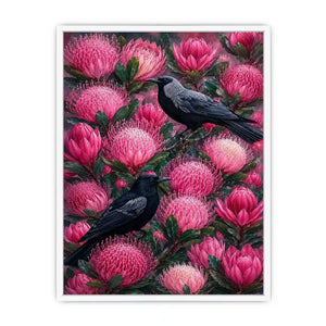 Australian bird and pink native floral canvas wall art for living room decor.