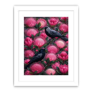 Australian bird and pink native floral canvas wall art for living room decor.