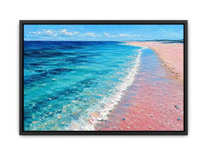 Turquoise beach shoreline canvas art for coastal living room decor.
