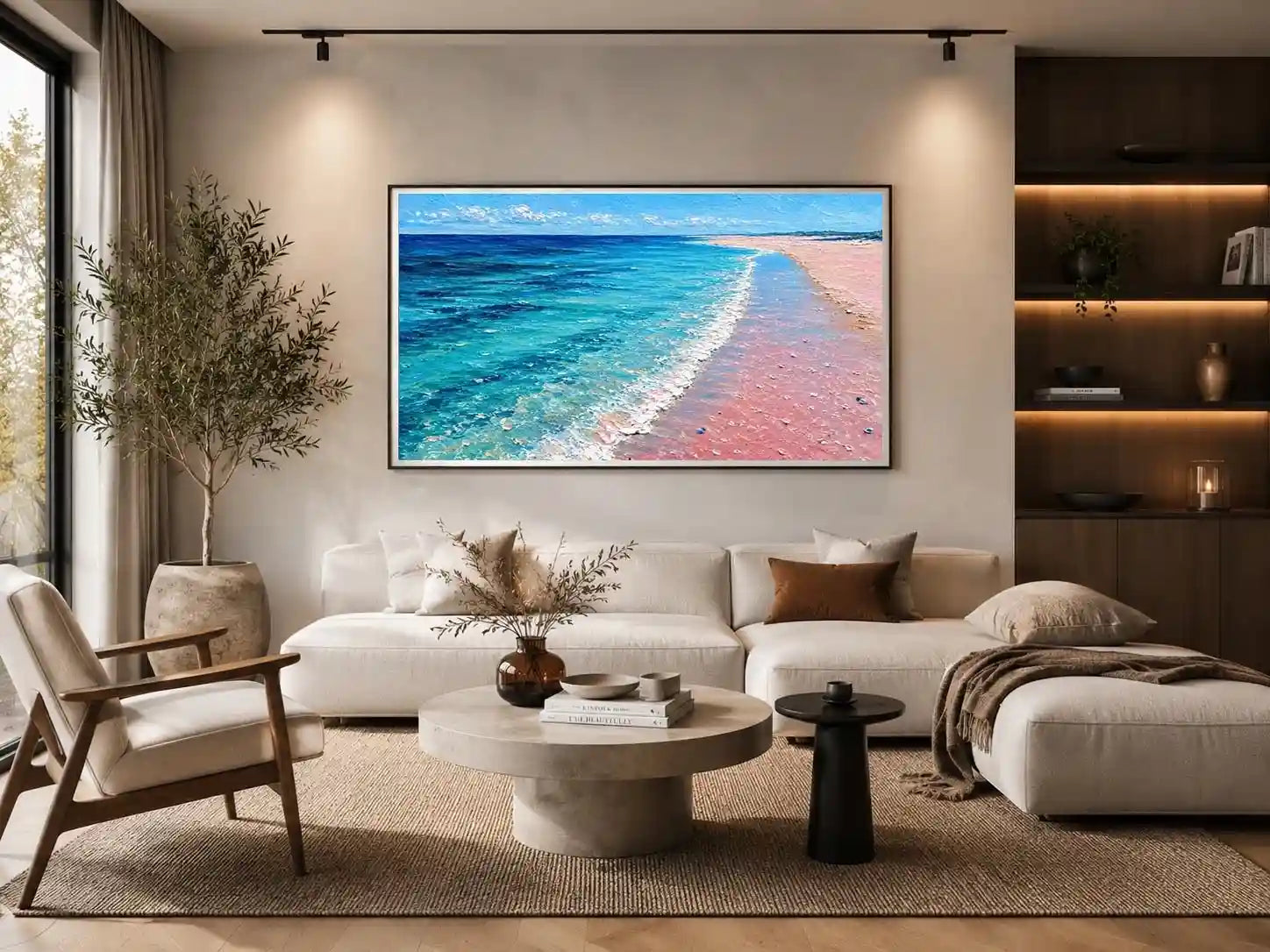 Turquoise beach shoreline canvas art for coastal living room decor.
