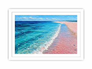 Turquoise beach shoreline canvas art for coastal living room decor.