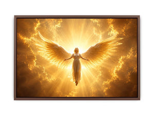 Golden angel canvas wall art for spiritual living room decor.