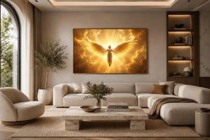 Golden angel canvas wall art for spiritual living room decor.