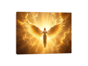 Golden angel canvas wall art for spiritual living room decor.